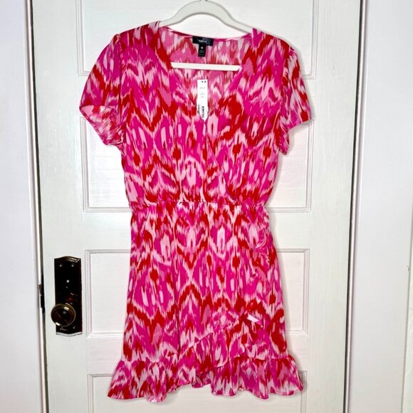 AQUA Colorful Ikat Print Faux Wrap Mini Dress - Size Medium (NWT) - Picture 3 of 11